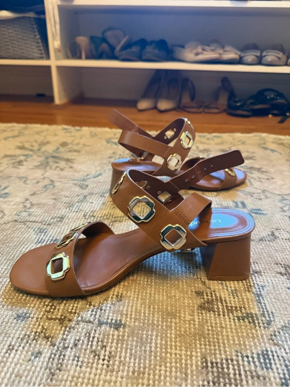 Larroude Brown Leather Strappy Block Heel Sandals with Gold Buckles